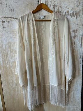 Embroidered Fringe Sheer Kimono Cardigan - Cream